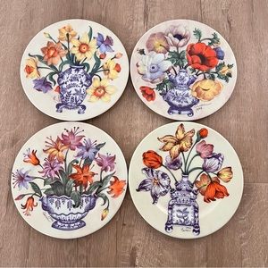 4 Email De Limoges‎ I. Godinger Floral Salad Plates 7.5” Artist Signed 1996 Vtg